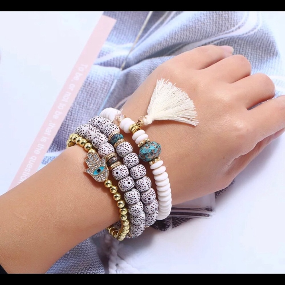 4pc WHITE boho bodhi hamsa tassel bracelet set